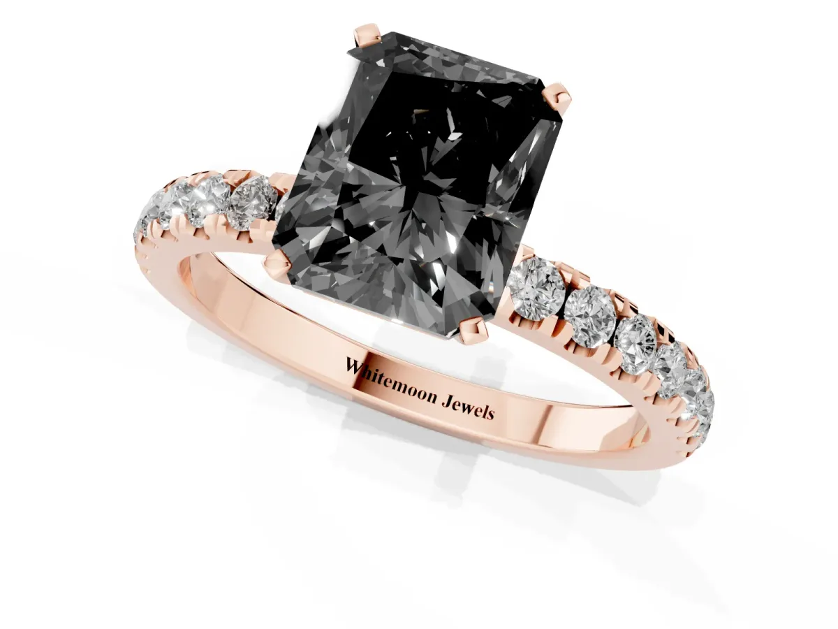 Fancy Black Radiant Cut Diamond Solitaire Ring with Pavé Accents and Four-Prong Setting Rose gold