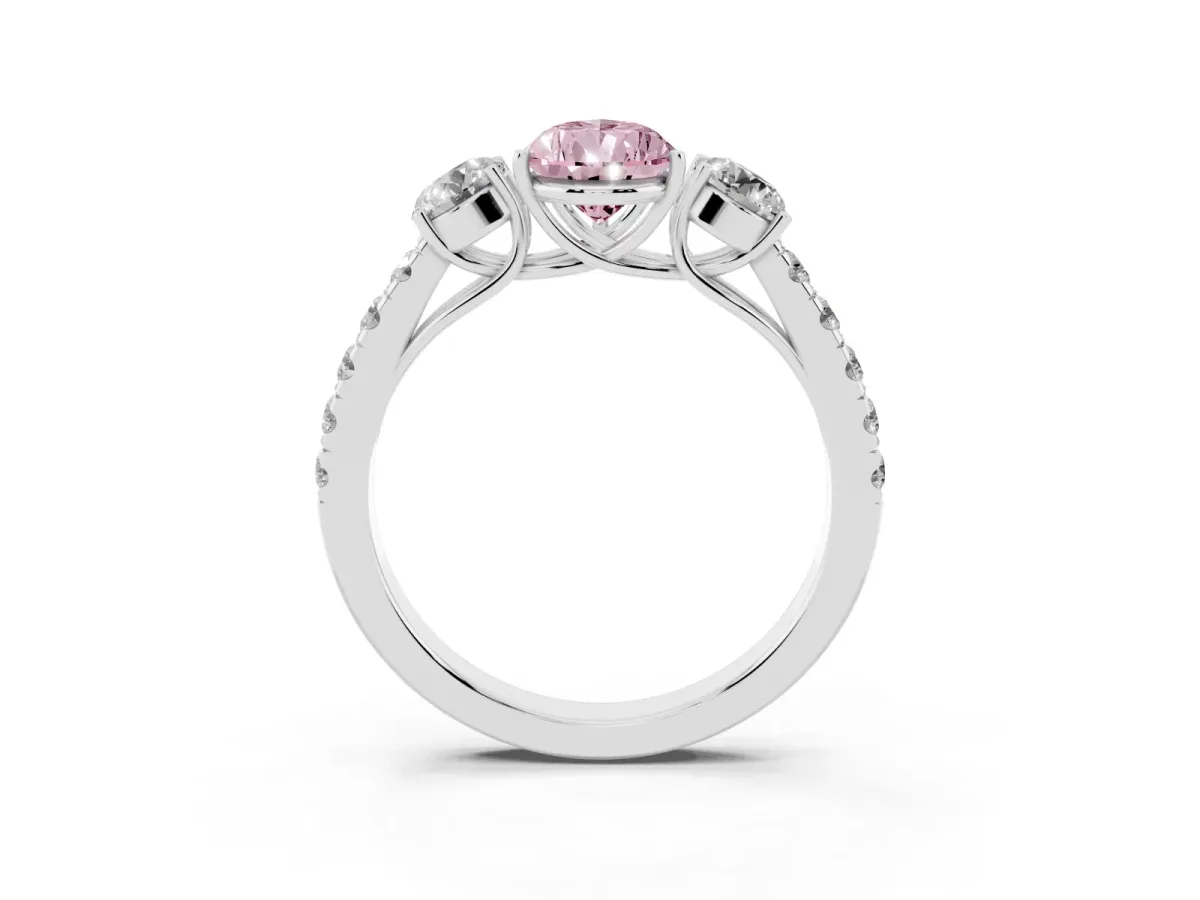 Fancy Pink Pear Cut Cut Diamond Three-Stone Ring with Round Side Stones and Pavé Band Platinum