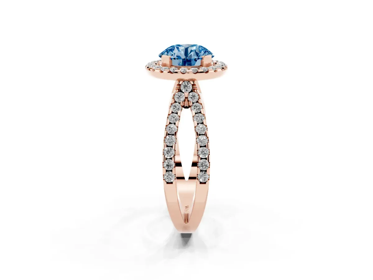Fancy Blue Round Cut Diamond Halo Ring with Split Shank Pavé Band and Prong Setting Rose gold