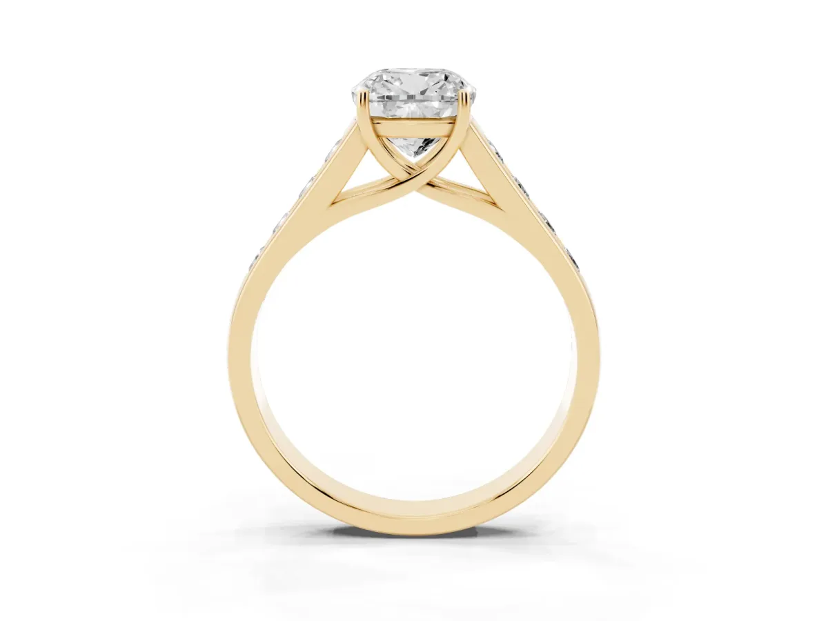 Cushion Cut Brilliant Channel-Set Solitaire Ring with Four-Prong Setting Yellow gold