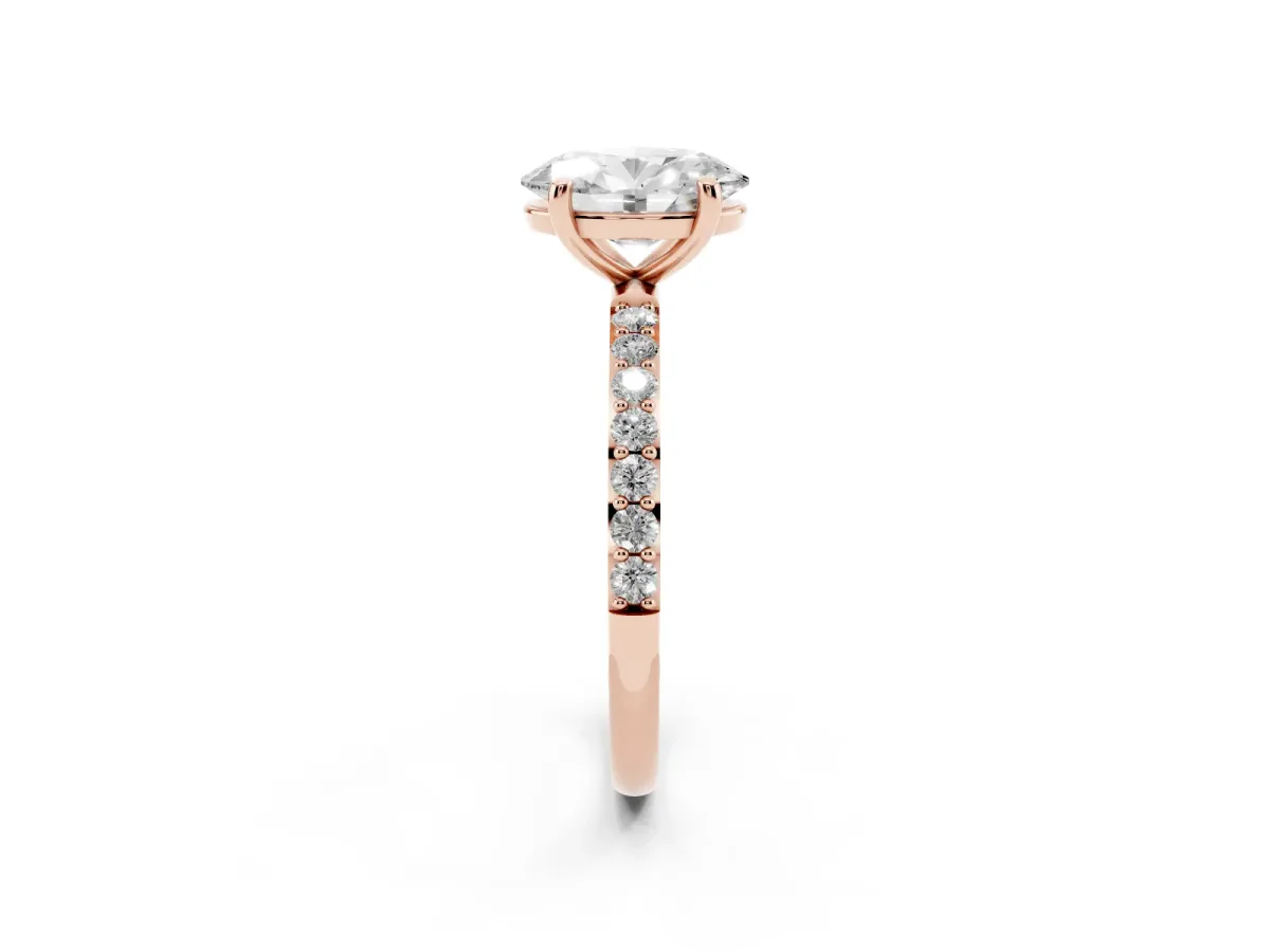 Oval Cut Diamond Solitaire Ring with Round Pavé Band and Prong Setting Rose gold