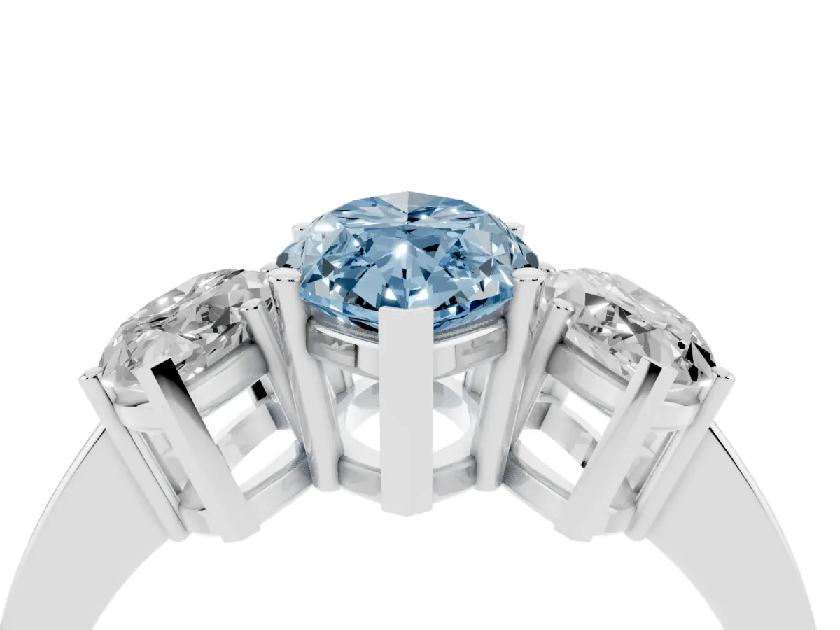 Fancy Blue Three-Stone Marquise Cut Cut Diamond Engagement Ring with Flat Band and Four-Prong Setting Silver