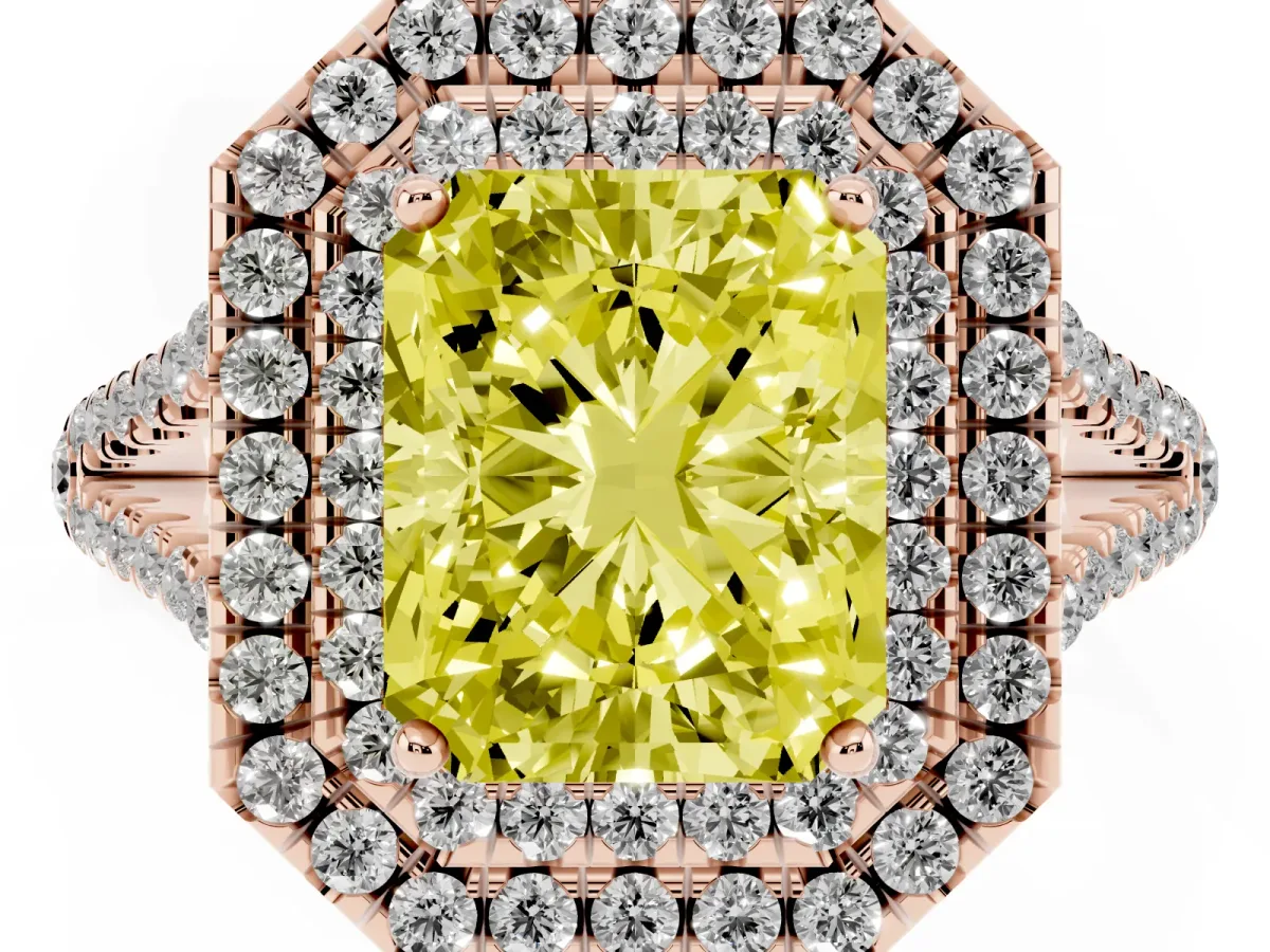 Fancy Yellow Radiant Cut Diamond Double Halo Ring with Pavé Band and Prong Setting Rose gold