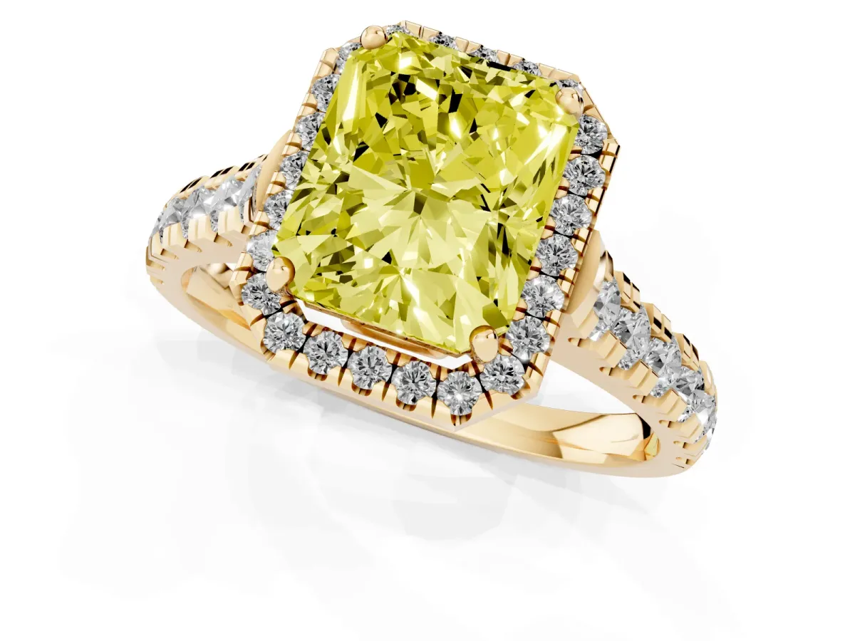 Fancy Yellow Radiant Cut Halo Pavé Diamond Engagement Ring with Four-Prong Setting Yellow gold