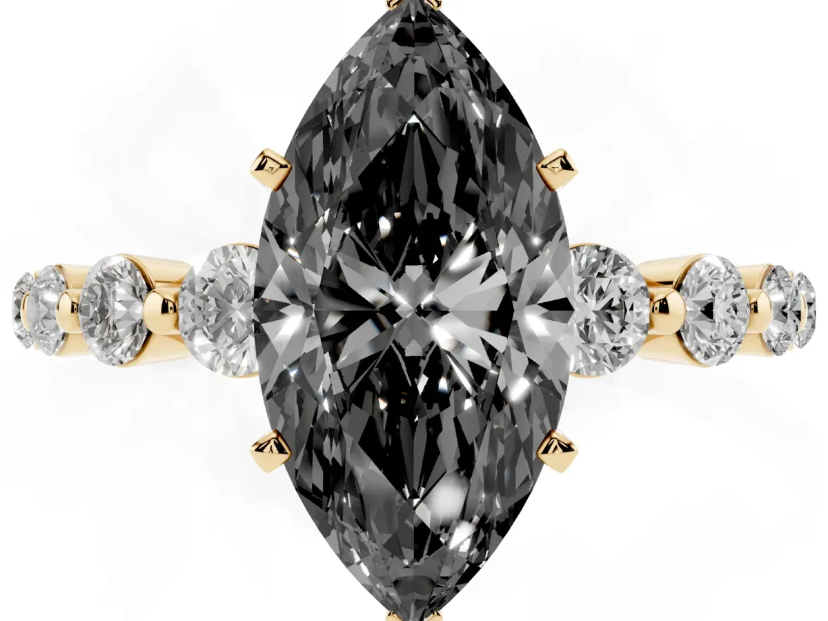 Fancy Black Marquise Cut Solitaire Diamond Ring with Pave Band and Four-Prong Setting Yellow gold