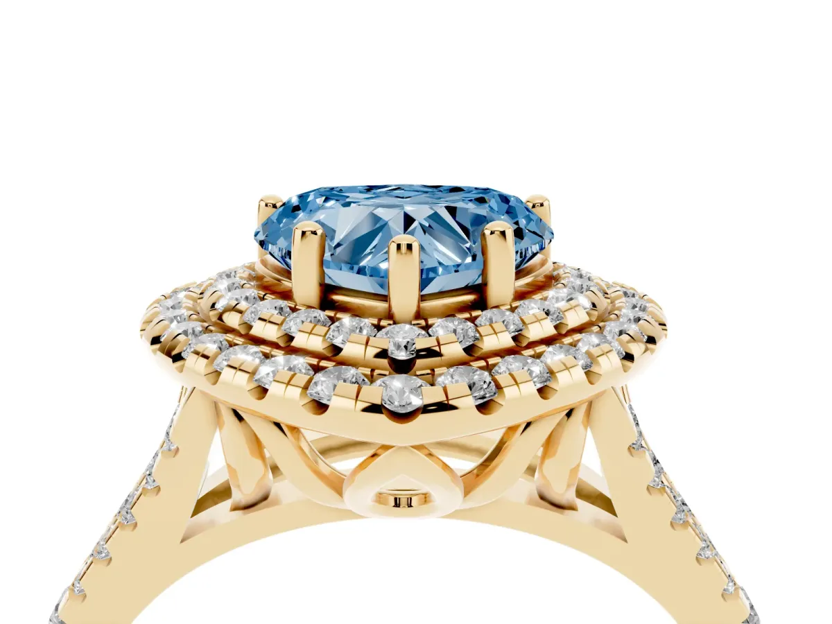 Fancy Blue Double Halo Heart Cut Diamond Pavé Split Shank Ring with Prong Setting Yellow gold