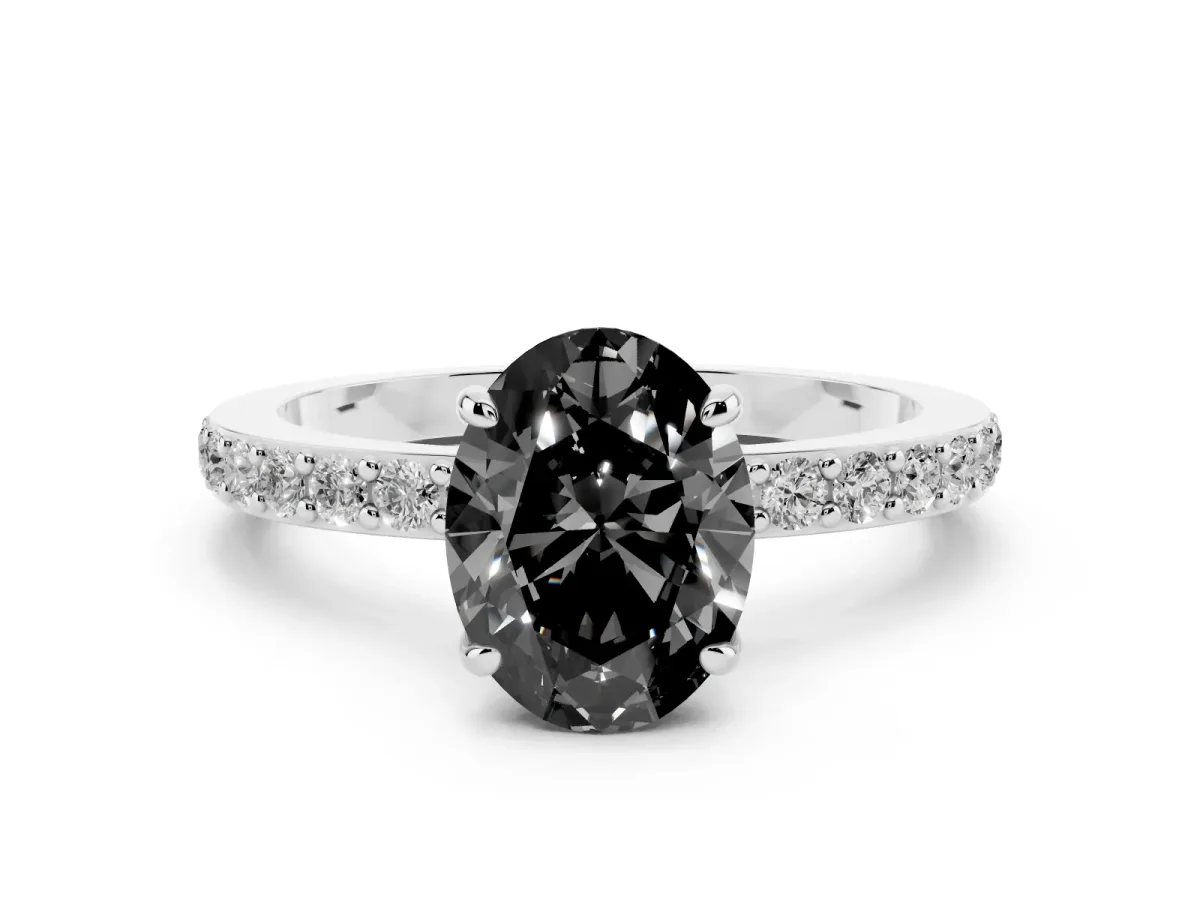 Fancy Black Oval Cut Diamond Pavé Engagement Ring with Round Accents and Prong Setting Silver