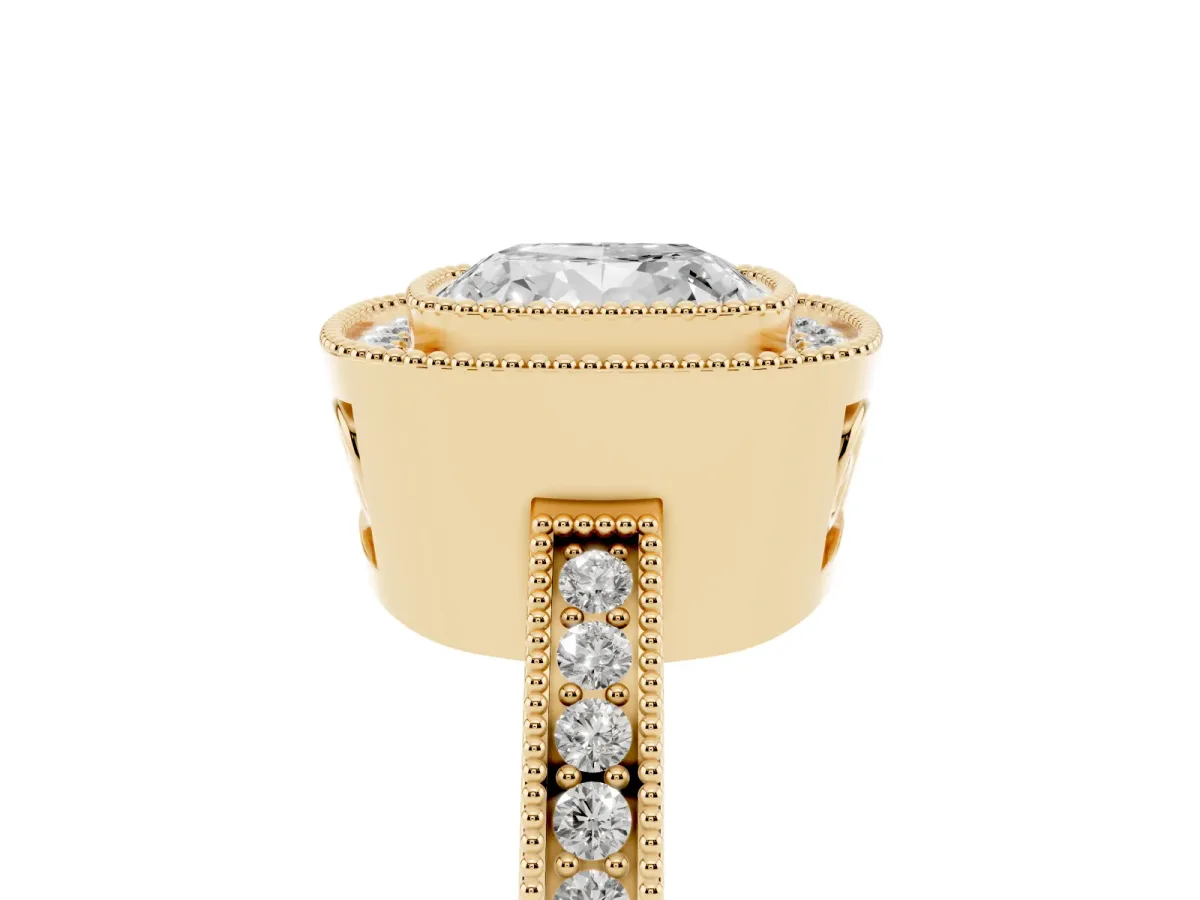 Cushion Cut Cut Halo Diamond Ring with Pavé Band and Milgrain Prong Setting Yellow gold