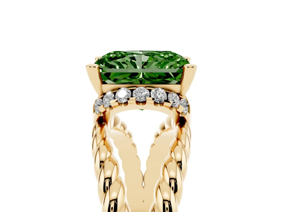 Fancy Green Radiant Cut Halo Twisted Band Four-Prong Ring Yellow gold