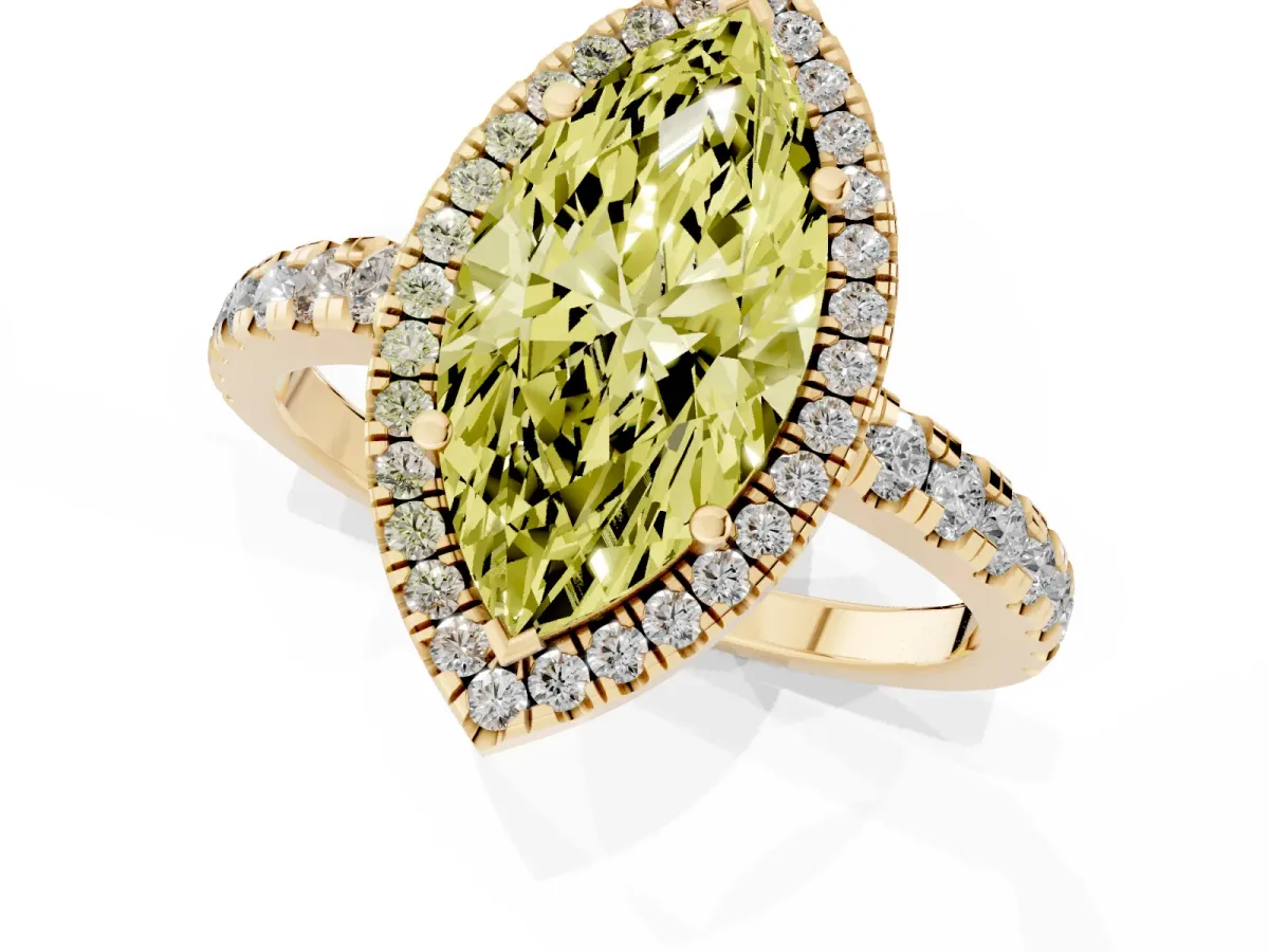 Fancy Yellow Marquise Cut Diamond Halo Ring with Pavé Band and Four-Prong Setting Yellow gold