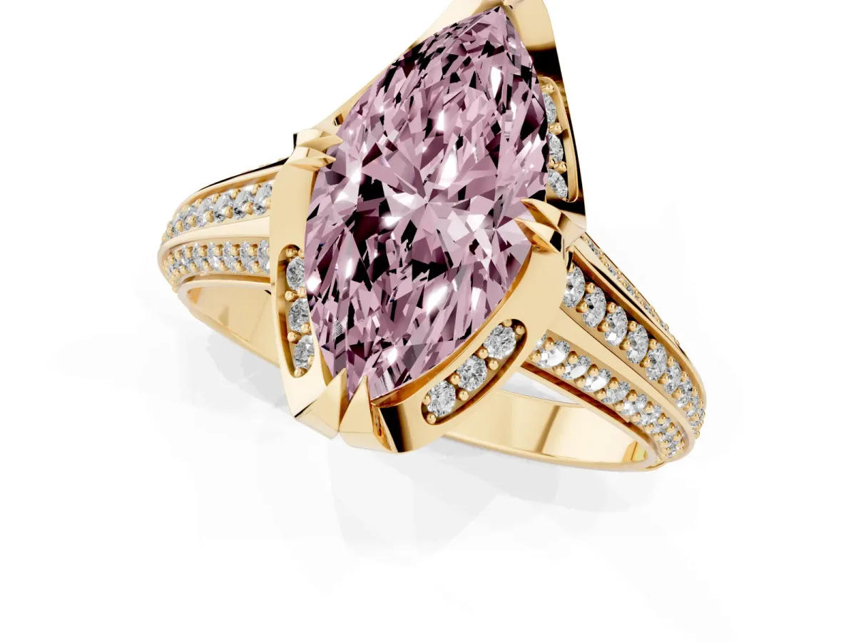 Fancy Pink Marquise Cut Solitaire Pave Split Shank Ring with Four-Prong Setting Yellow gold