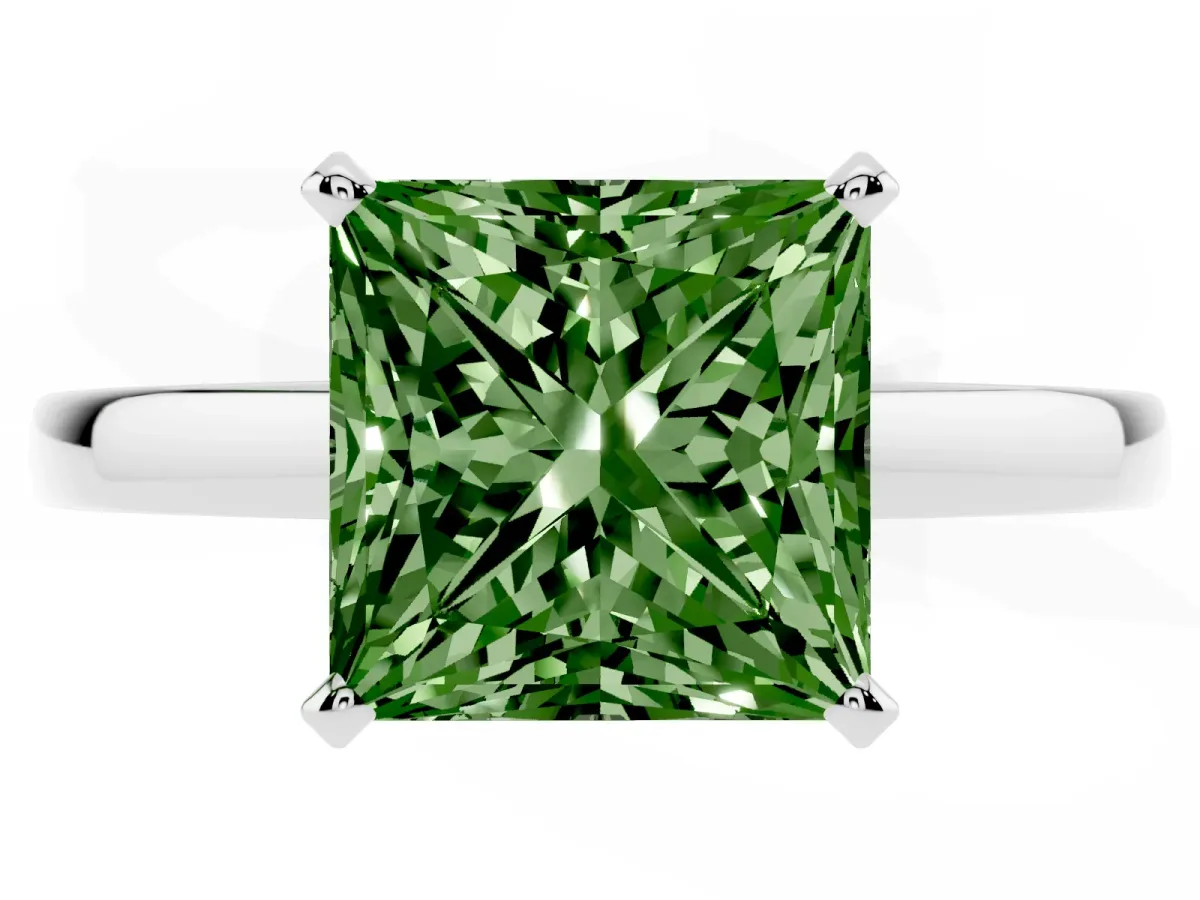 Fancy Green Princess Cut Solitaire Diamond Engagement Ring with Four-Prong Setting on a Classic Band Platinum