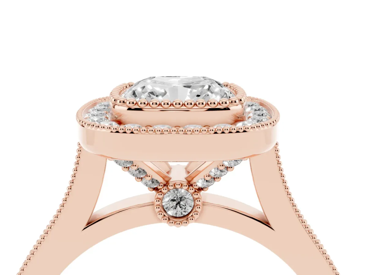 Cushion Cut Diamond Halo Ring with Milgrain Frame and Pavé Band Rose gold