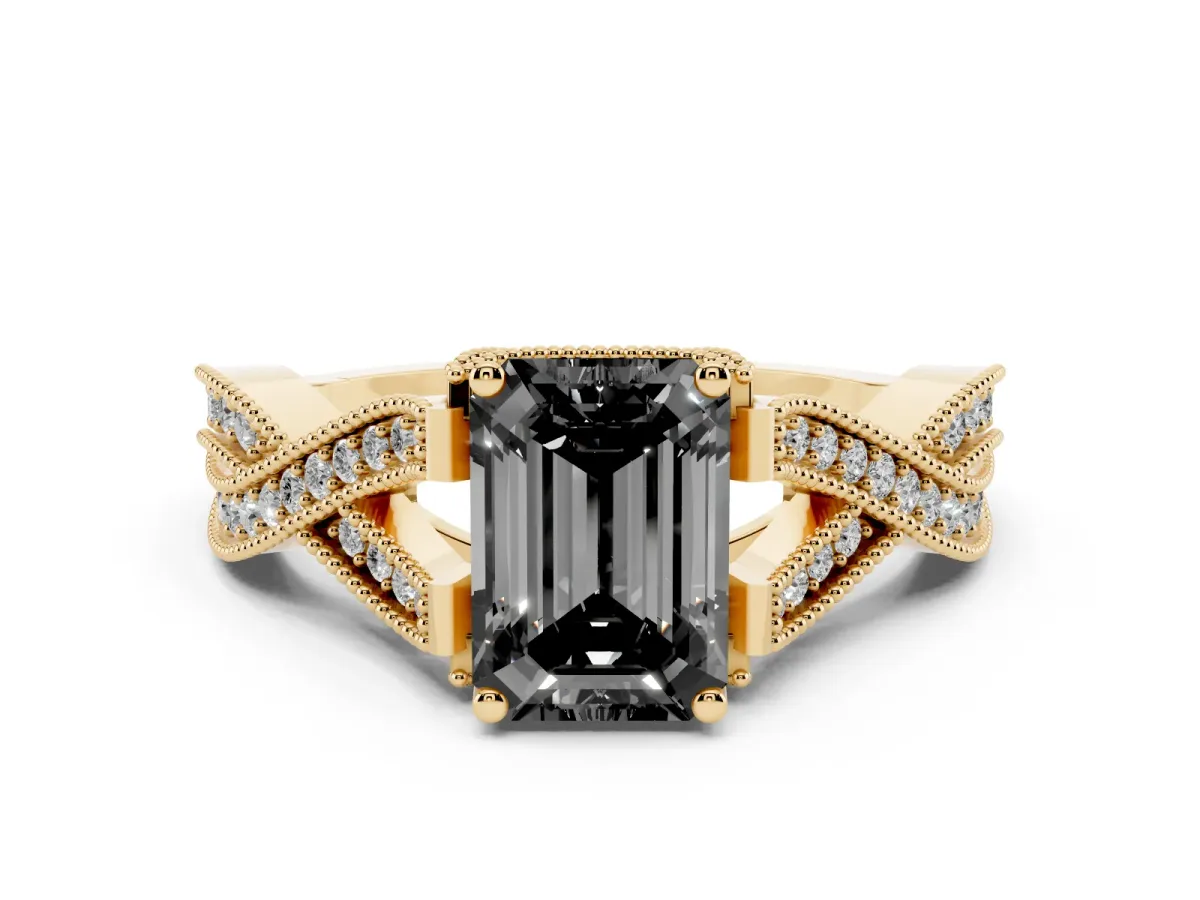 Fancy Black Emerald Cut Cut Diamond Twisted Band with Milgrain Pave Setting and Four-Prong Setting Yellow gold