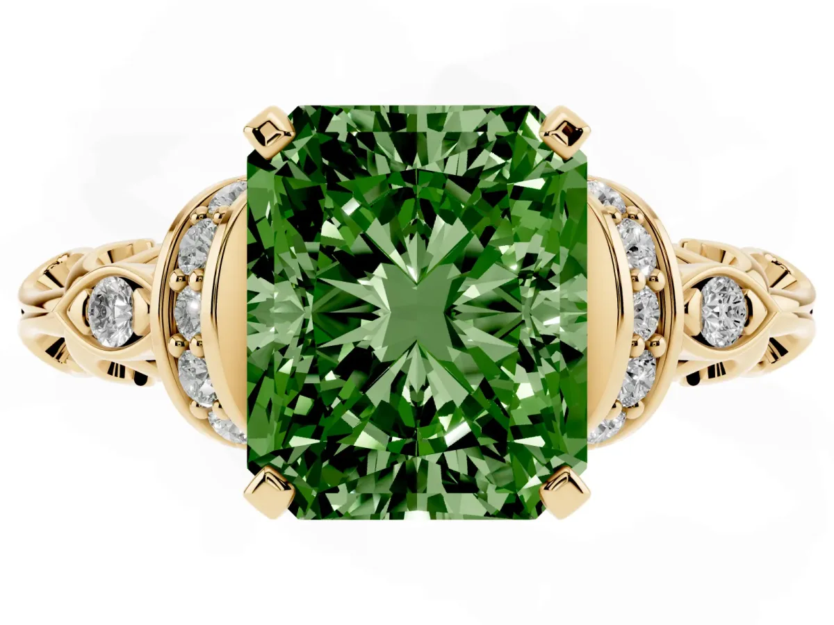 Fancy Green Radiant Cut Diamond Solitaire Ring with Filigree Band and Four-Prong Setting Yellow gold