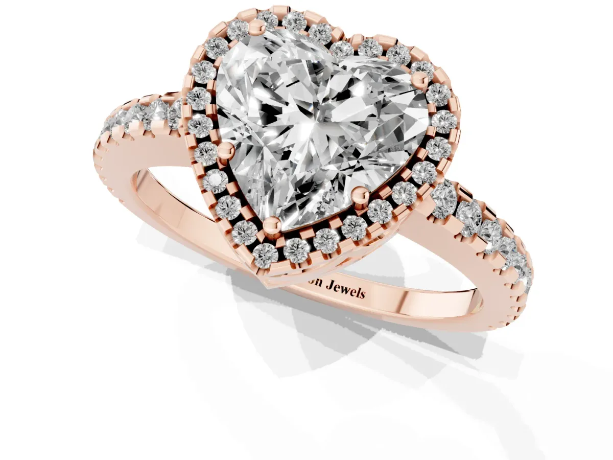 Heart Cut Diamond Halo Engagement Ring with Pavé Band and Prong Setting Rose gold