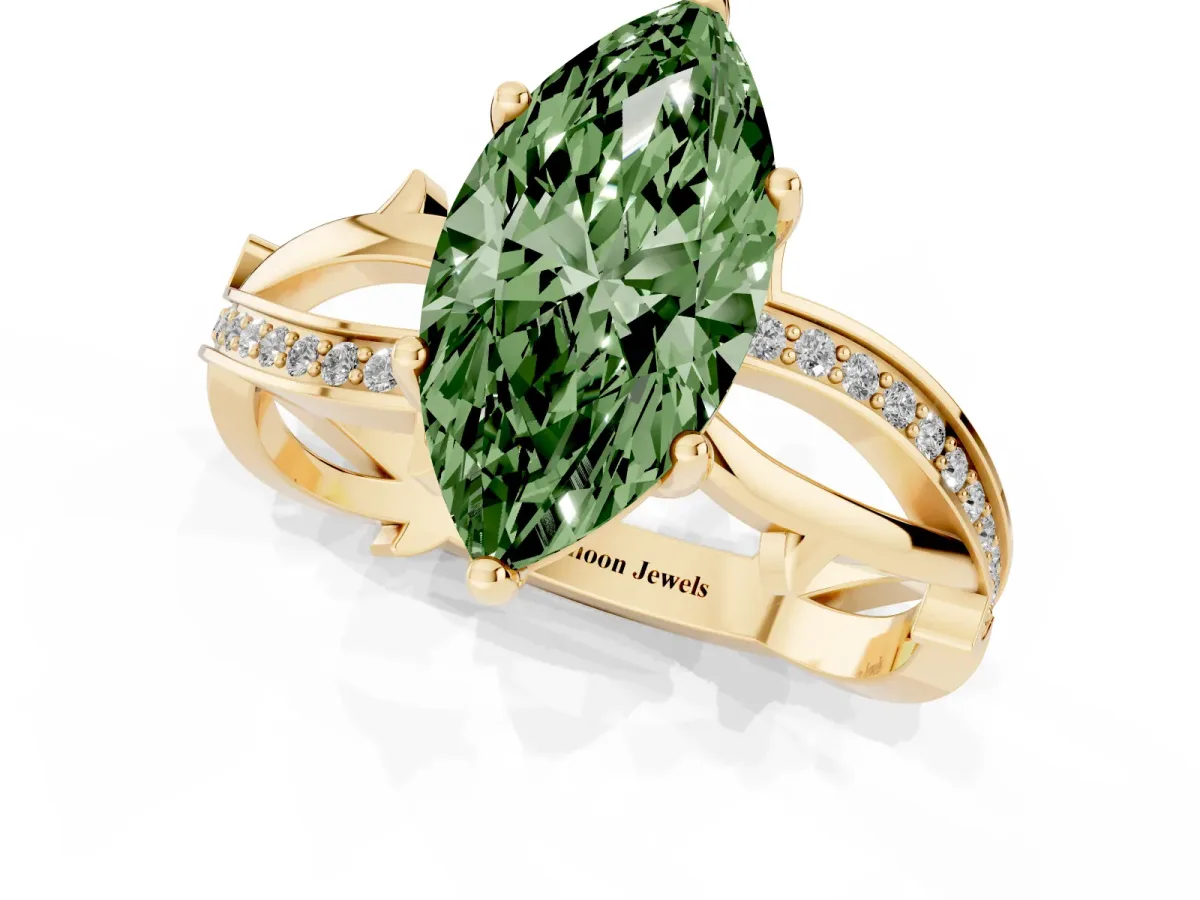 Fancy Green Marquise Cut Solitaire Twist Band with Pavé Accents and Four-Prong Setting Yellow gold