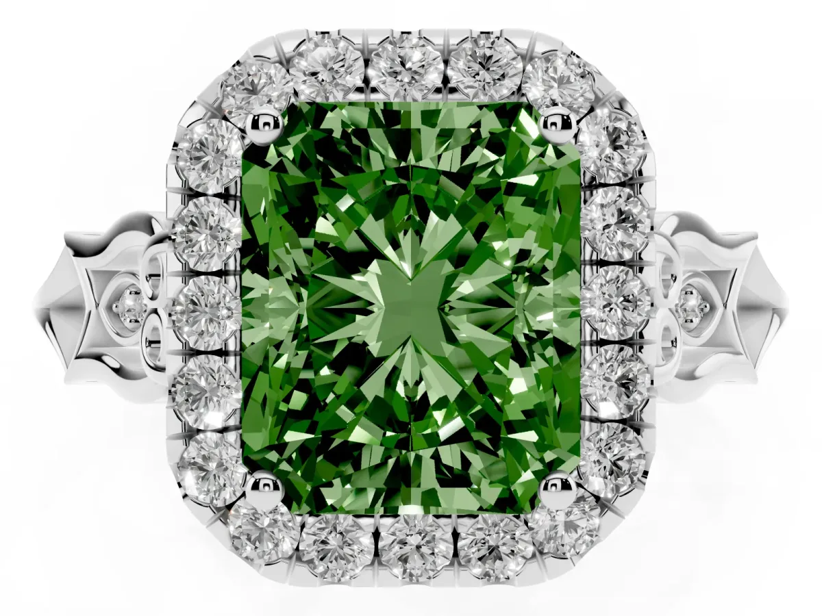 Fancy Green Radiant Cut Halo Diamond Engagement Ring with Filigree Band and Four-Prong Setting Platinum