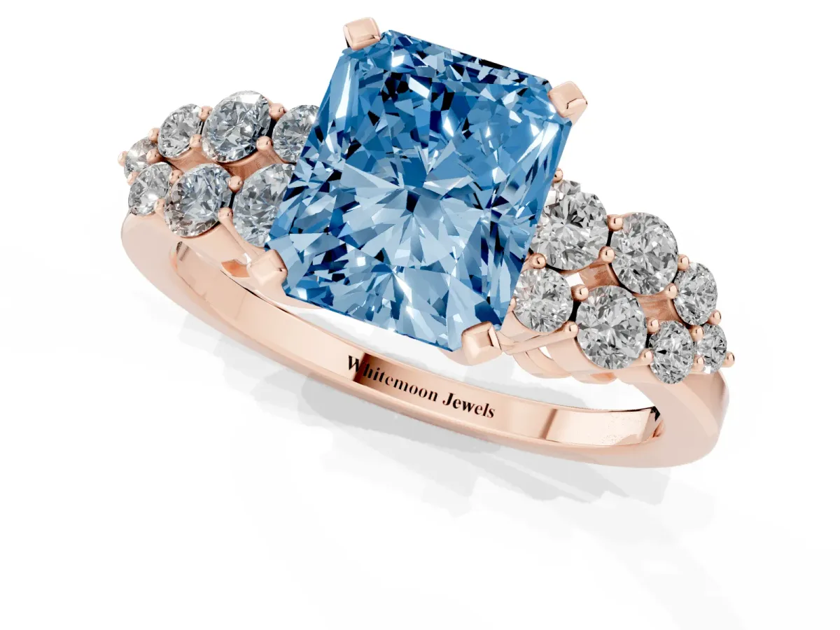 Fancy Blue Radiant Cut Cluster Diamond Engagement Ring with Pavé Band and Four-Prong Setting Rose gold