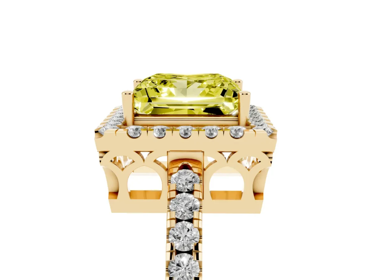 Fancy Yellow Princess Cut Halo Diamond Engagement Ring with Pavé Band and Four-Prong Setting Yellow gold
