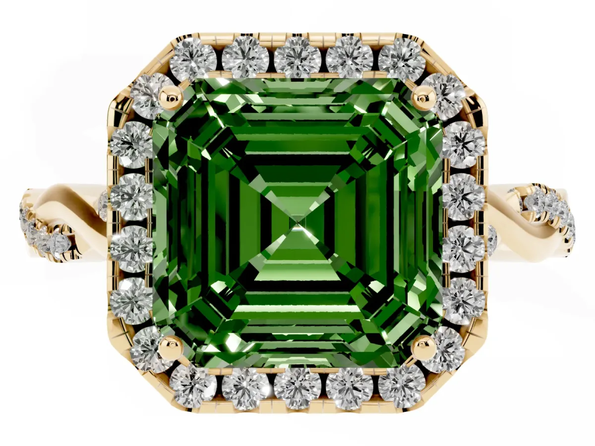 Fancy Green Asscher Cut Halo Twist Band Solitaire Ring Yellow gold