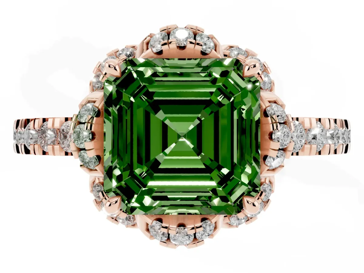 Fancy Green Asscher Cut Diamond Halo Pave Band with Four-Prong Setting Rose gold