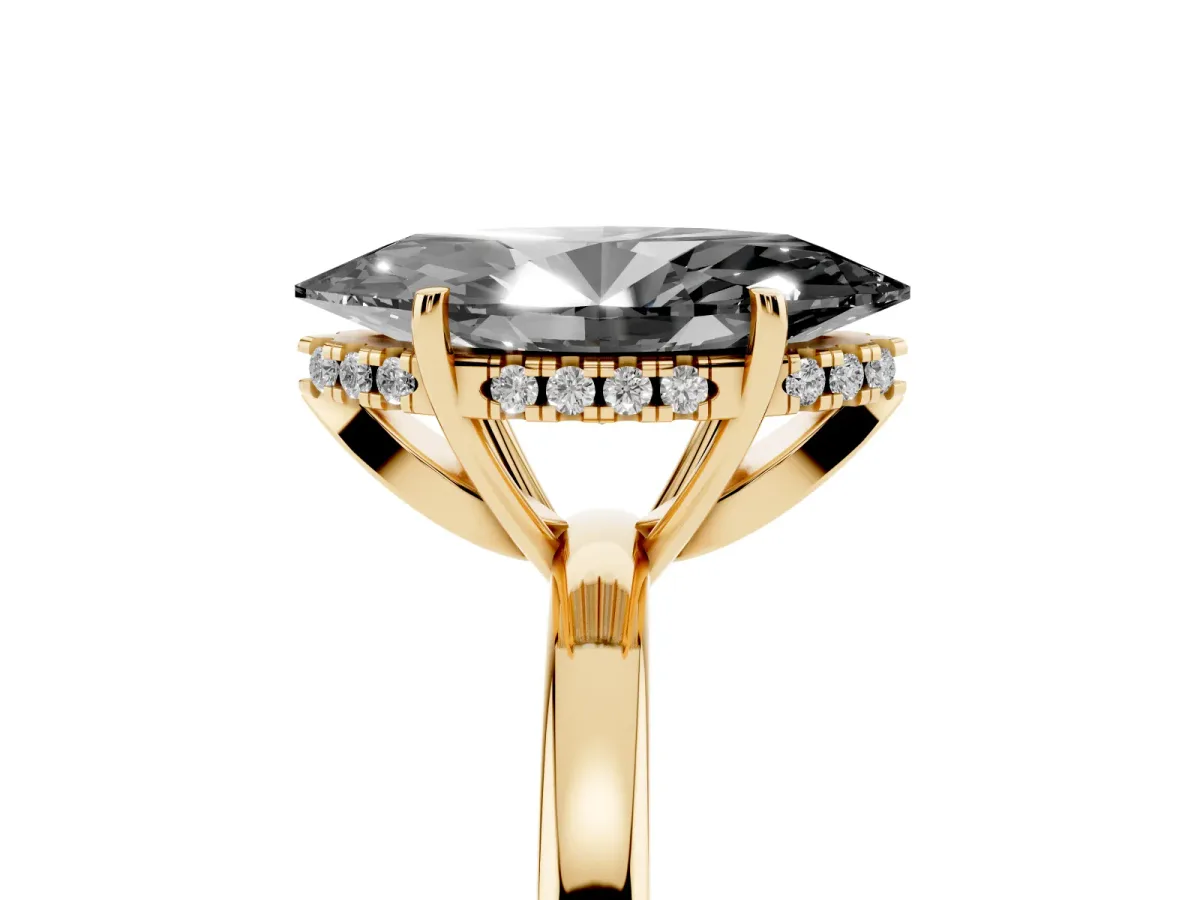 Fancy Black Marquise Cut Solitaire Diamond Ring with Prong Setting and Plain Band Yellow gold