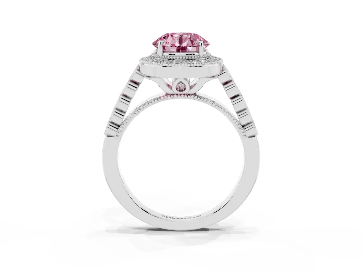 Fancy Pink Round Cut Halo Milgrain Solitaire with Bezel Set Side Stones and Pave Band Silver