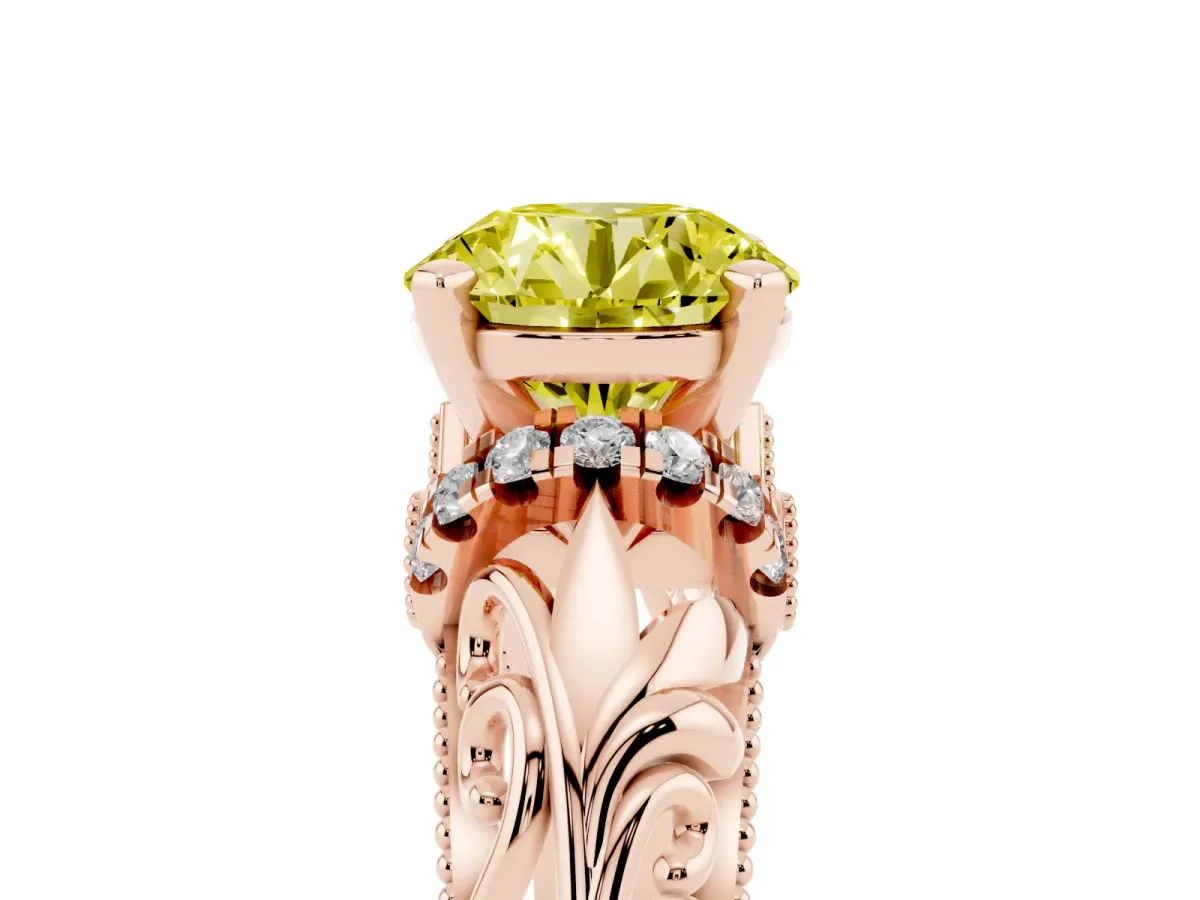 Fancy Yellow Round Cut Solitaire Filigree Engagement Ring with Halo and Prong Setting Rose gold