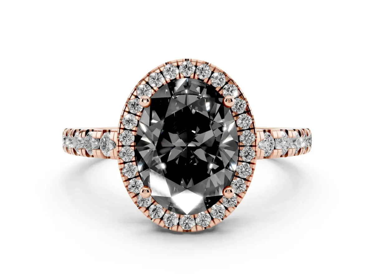 Fancy Black Oval Cut Diamond Halo Ring with Pavé Band and Four-Prong Setting Rose gold