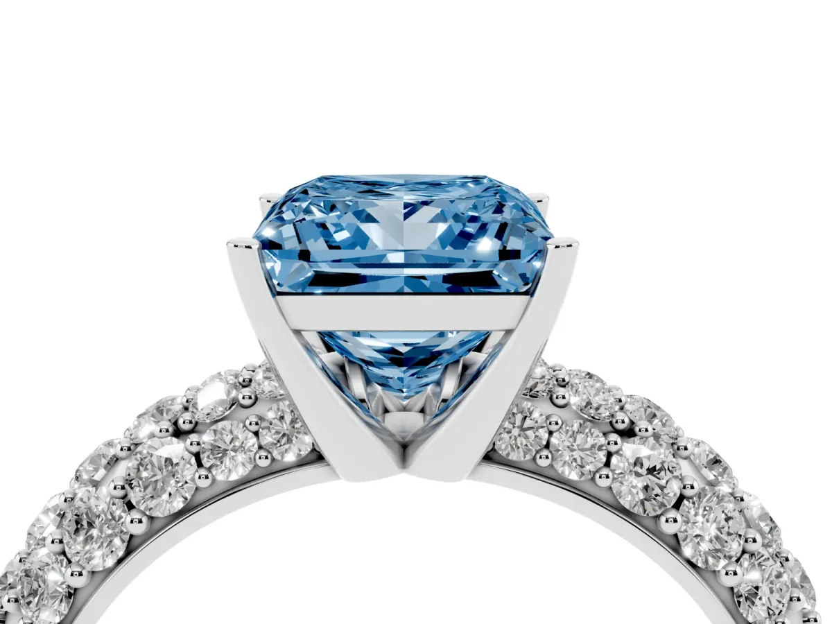 Fancy Blue Princess Cut Diamond Pavé Band Solitaire Ring with Four-Prong Setting Silver