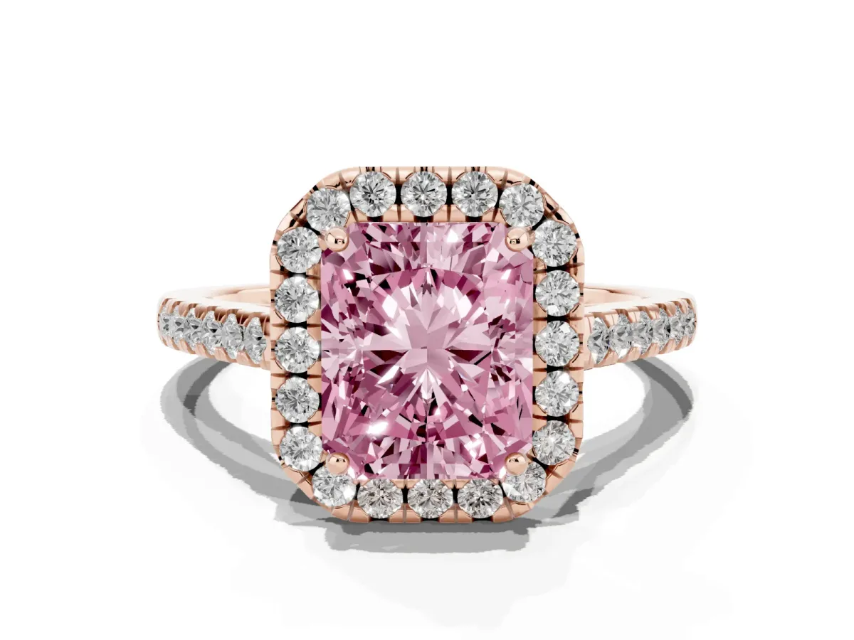 Fancy Pink Radiant Cut Halo Pavé Diamond Engagement Ring with Four-Prong Setting Rose gold