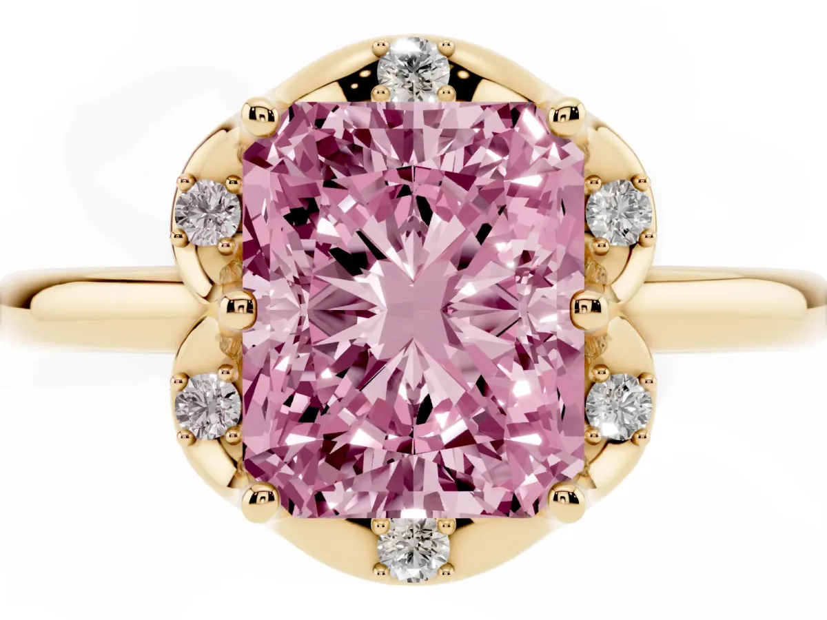 Fancy Pink Radiant Cut Halo Diamond Ring with Round Cluster Setting, Solitaire Band, and Four-Prong Setting Yellow gold