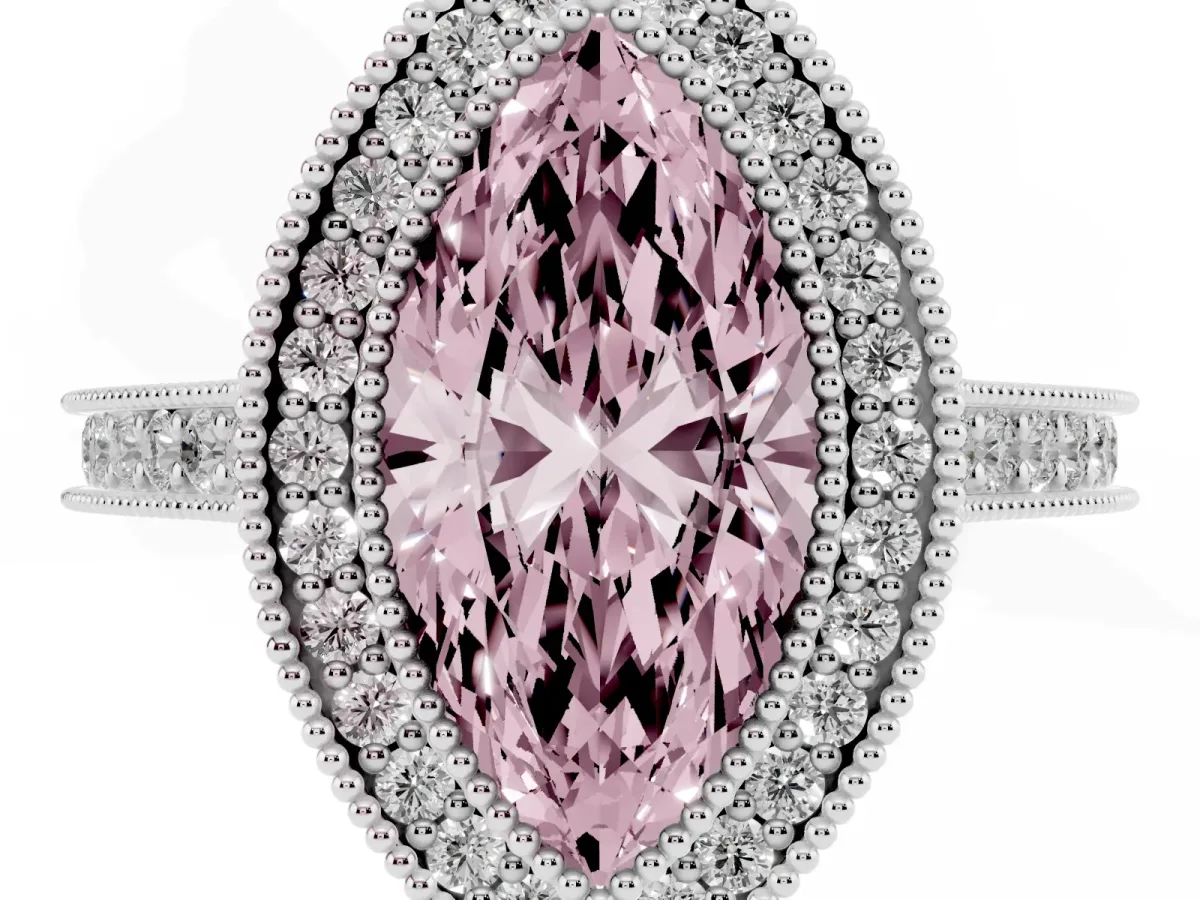 Fancy Pink Halo Marquise Cut-Cut Diamond Pave Band Milgrain Prong Setting Ring Silver