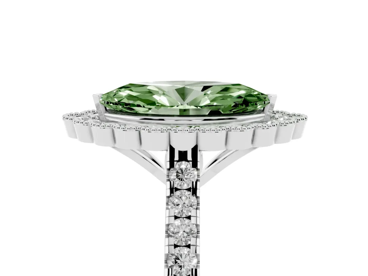 Fancy Green Marquise Cut Cut Diamond Milgrain Floral Halo Engagement Ring with Pavé Band White gold
