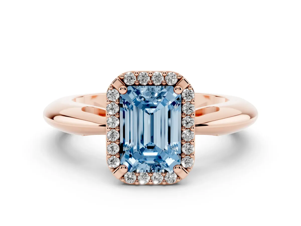 Fancy Blue Emerald Cut Cut Diamond Halo Engagement Ring with Split Shank and Four-Prong Setting Rose gold