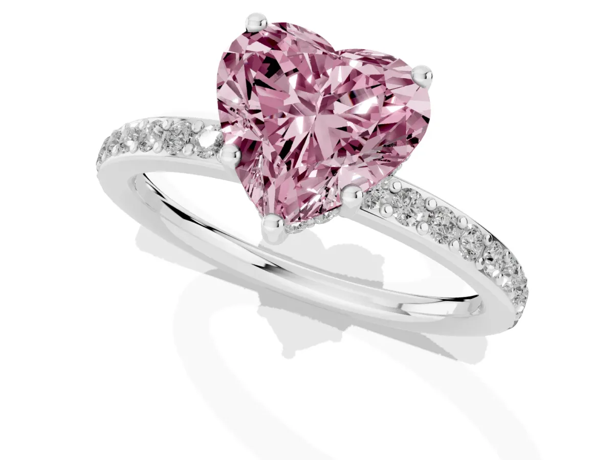 Fancy Pink Heart Cut Cut Diamond Pavé Band Ring with Four-Prong Setting Silver