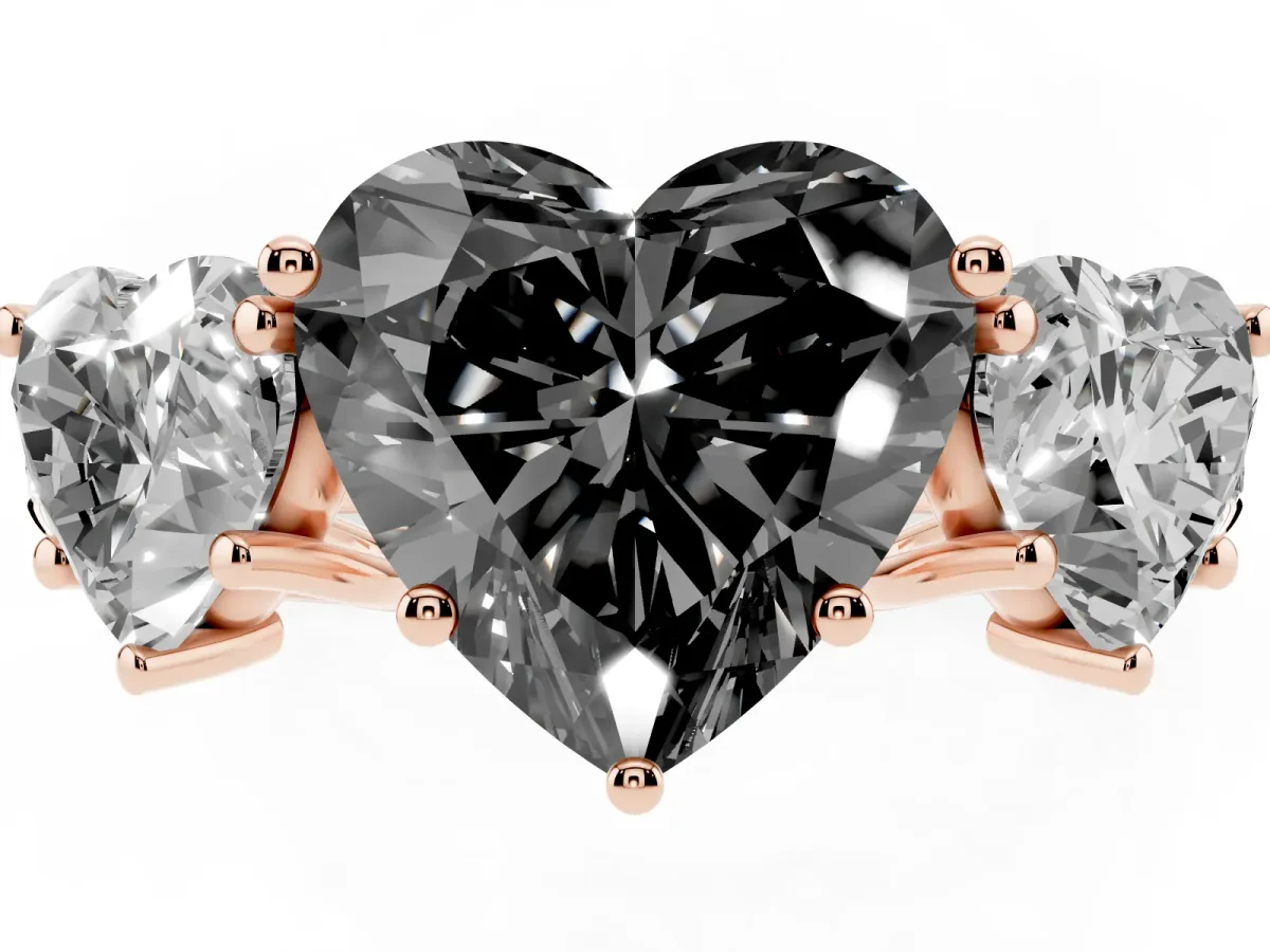 Fancy Black Three-Stone Heart Cut Diamond Pavé Band with Prong Setting Rose gold
