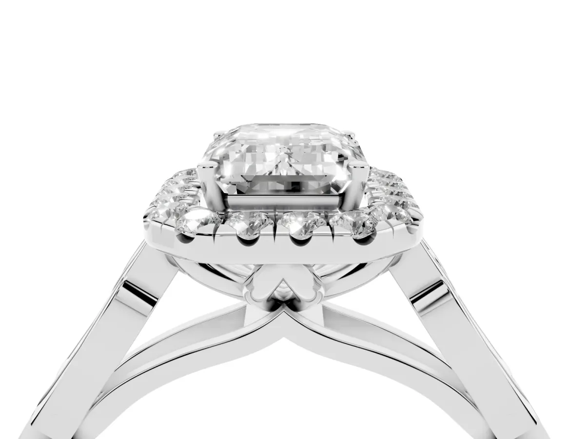 Emerald Cut Halo Diamond Engagement Ring with Filigree Band and Four-Prong Setting Platinum