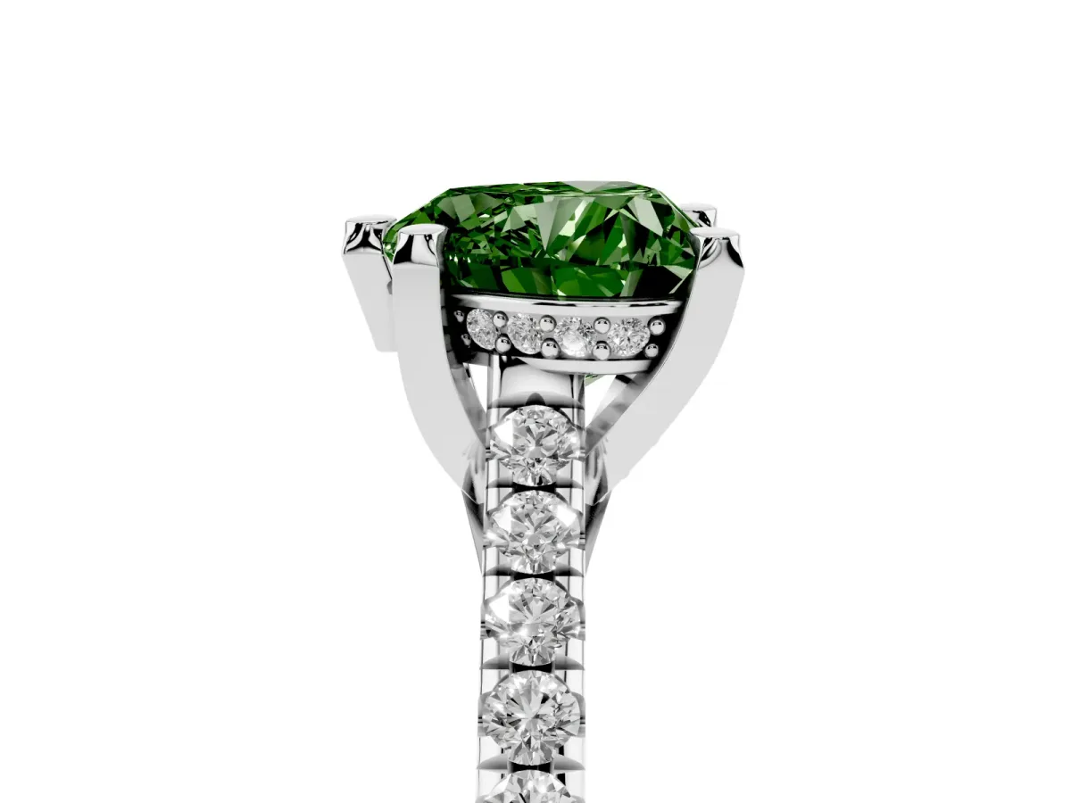 Fancy Green Heart Cut Brilliant Diamond Solitaire with Pavé Band and Four-Prong Setting White gold