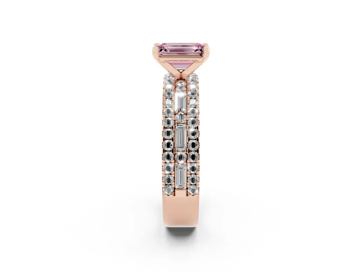 Fancy Pink Emerald Cut Diamond Solitaire Ring with Pavé and Channel Set Band Rose gold