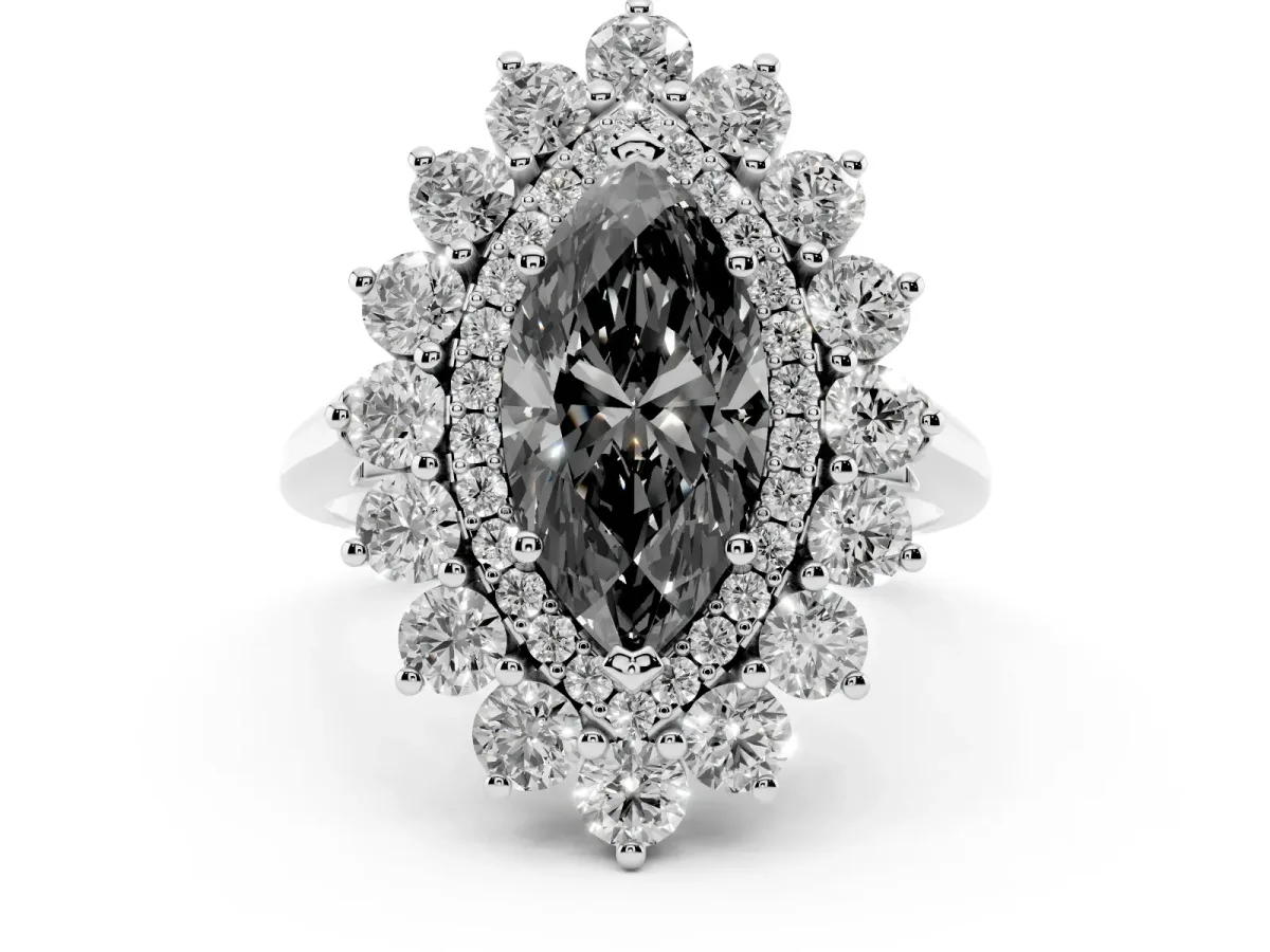 Fancy Black Marquise Cut Diamond Floral Double Halo Engagement Ring with Prong Setting Silver