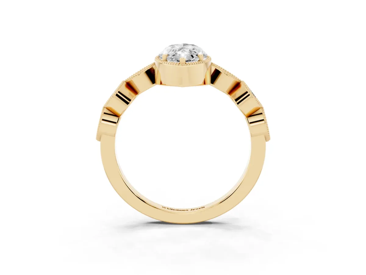 Marquise Cut Diamond Vintage Milgrain Ring with Round Stations Yellow gold