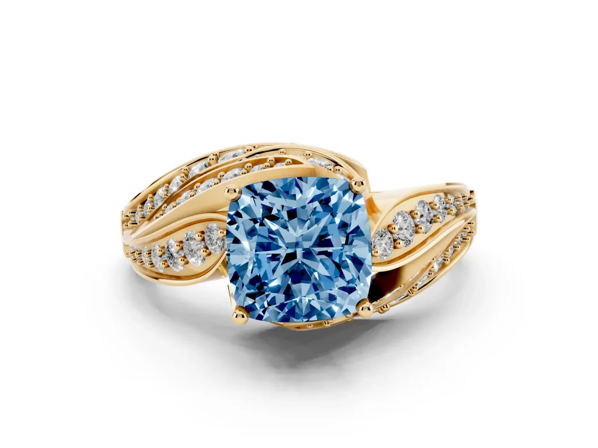 Fancy Blue Cushion Cut Diamond Solitaire Ring with Prong Setting and Twisted Pavé Band Yellow gold