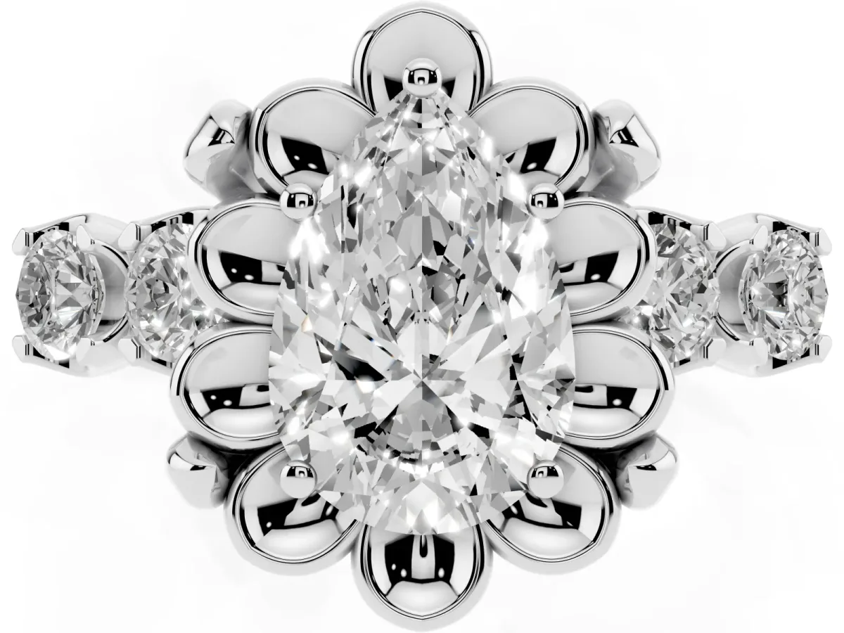 Pear Cut Cut Diamond Floral Halo Engagement Ring with Shared Prong Setting Silver