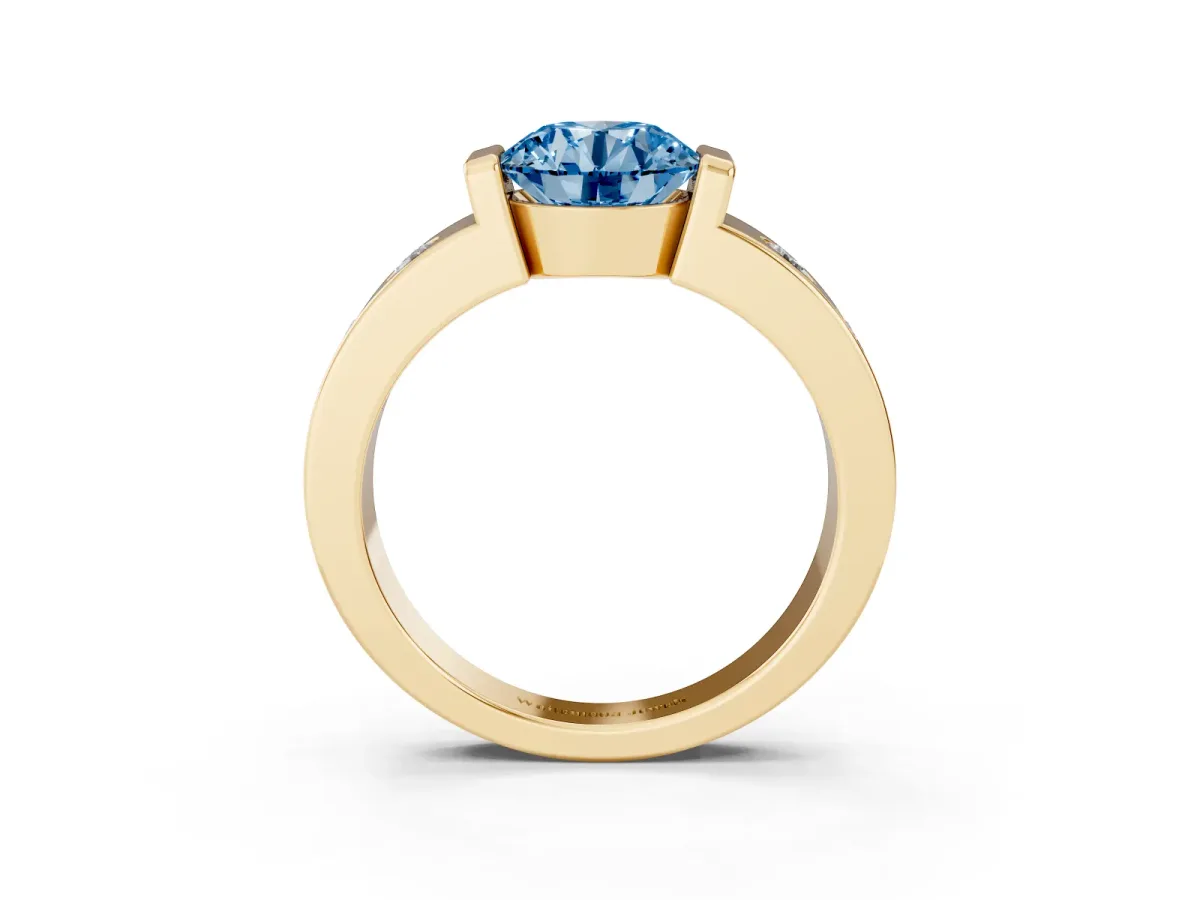 Fancy Blue Round Cut Brilliant Channel-Set Diamond Ring with Bezel Prong Setting Yellow gold
