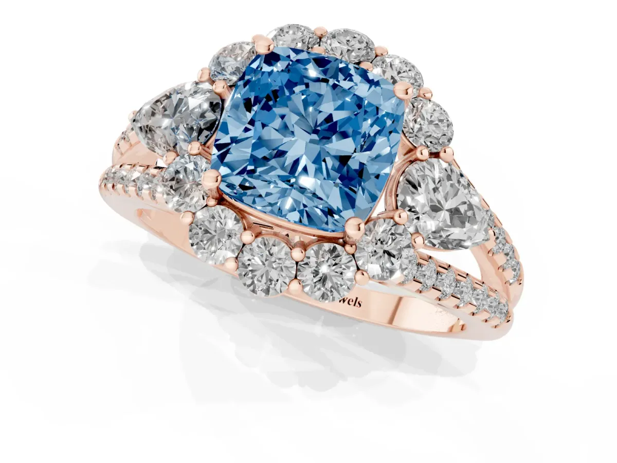Fancy Blue Cushion Cut Halo Split Shank Diamond Engagement Ring with Prong Setting Rose gold
