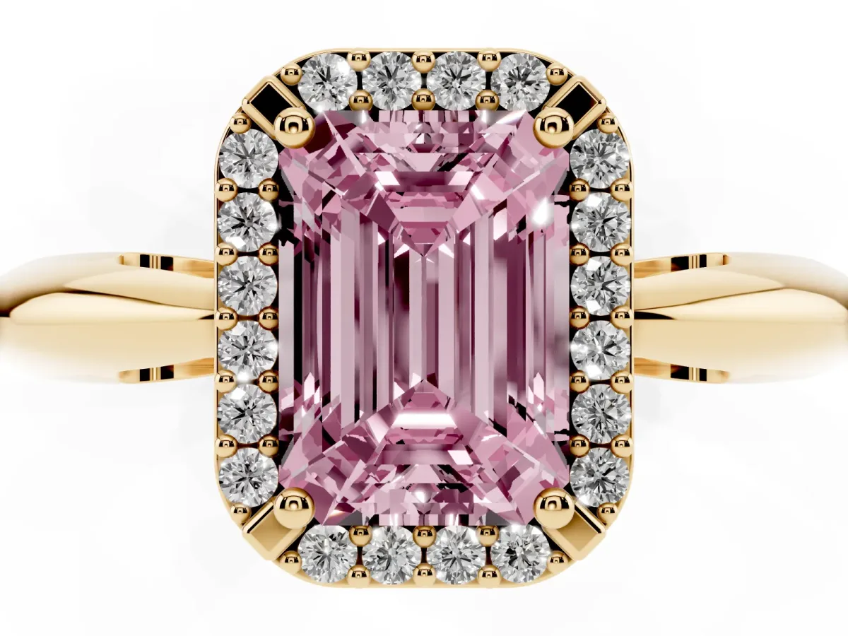 Fancy Pink Emerald Cut Cut Diamond Halo Engagement Ring with Split Shank and Four-Prong Setting Yellow gold