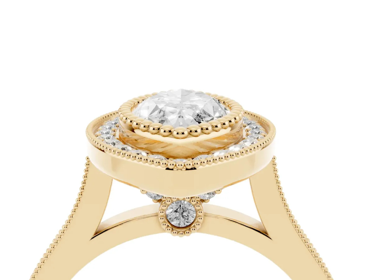 Marquise Cut Diamond Halo Ring with Milgrain Frame and Pavé Band Yellow gold