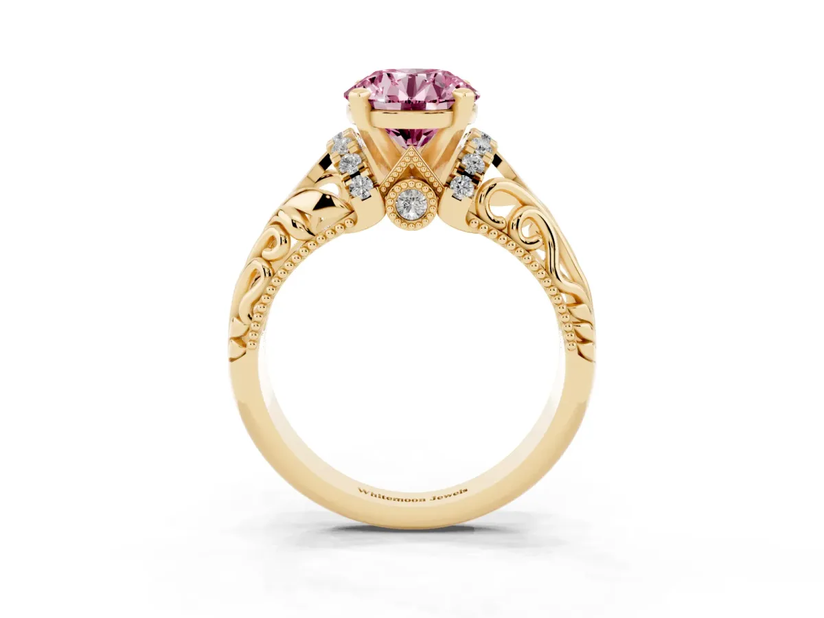 Fancy Pink Round Cut Solitaire Filigree Engagement Ring with Halo and Prong Setting Yellow gold